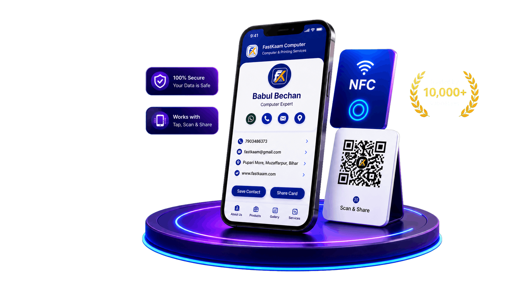3D digital visiting card, NFC card and QR card preview