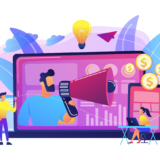 Marketer delivering ads with megaphone and devices. Cross-device marketing, cross-device marketing analysis and strategy concept on white background. Bright vibrant violet vector isolated illustration