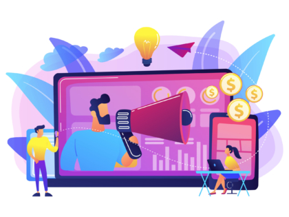 Marketer delivering ads with megaphone and devices. Cross-device marketing, cross-device marketing analysis and strategy concept on white background. Bright vibrant violet vector isolated illustration