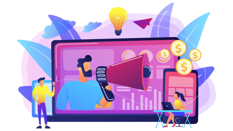 Marketer delivering ads with megaphone and devices. Cross-device marketing, cross-device marketing analysis and strategy concept on white background. Bright vibrant violet vector isolated illustration
